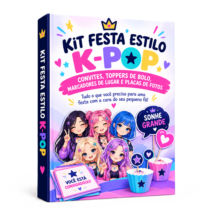 Bônus Kit Festa Estilo K-pop com convites, toppers de bolo e placas de foto
