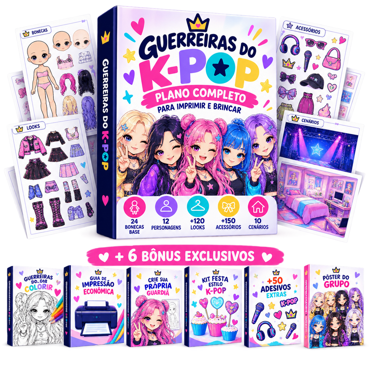 Pack do Plano Completo: bonecas de papel estilo K-pop para imprimir, com O Clube, missões e bônus